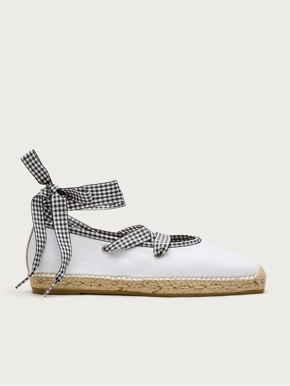 J. Crew White Espadrille Ballet Flats with Black Gingham Ties - Picture 3 of 3